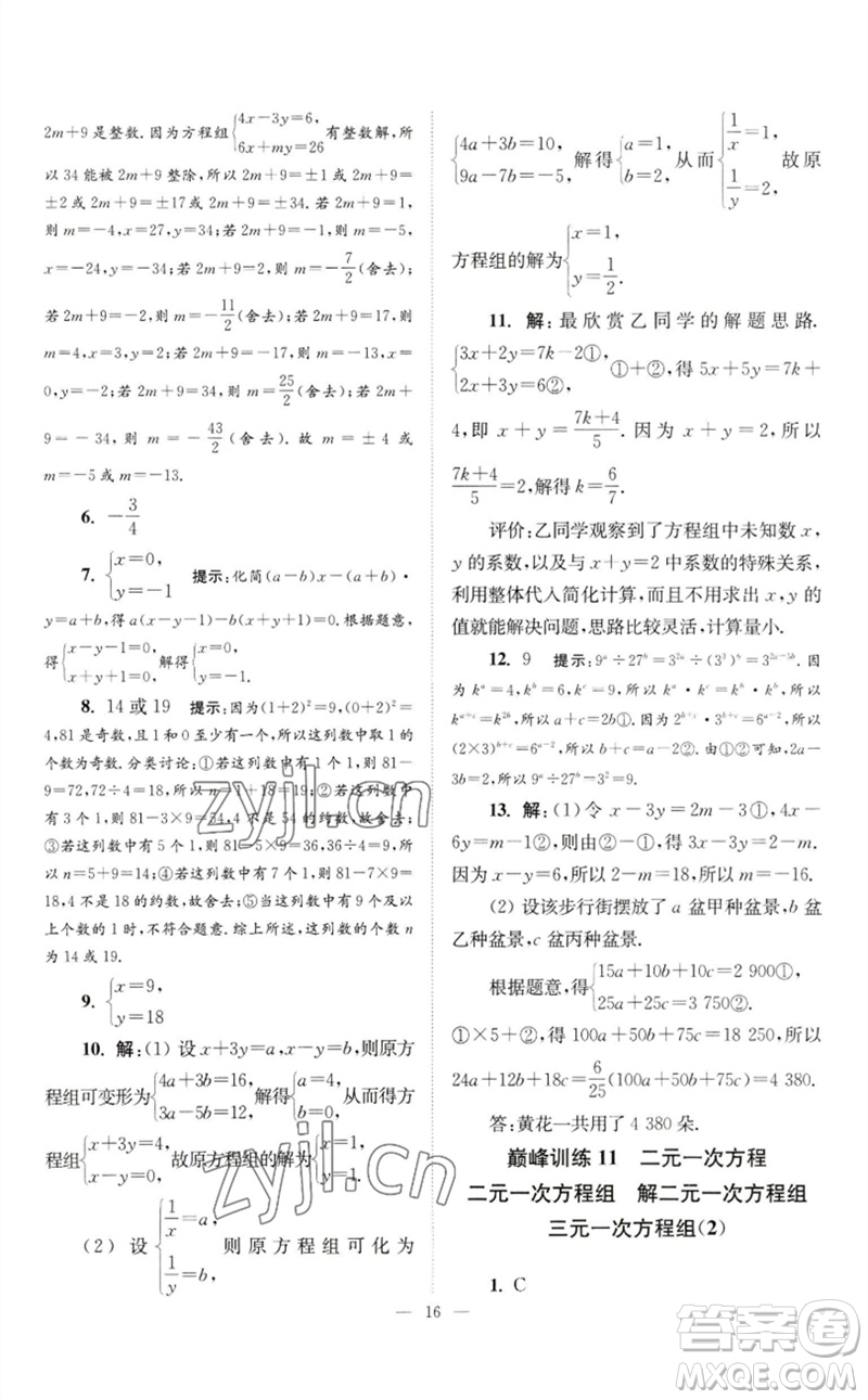 江蘇鳳凰科學(xué)技術(shù)出版社2023初中數(shù)學(xué)小題狂做七年級(jí)下冊(cè)蘇科版巔峰版參考答案