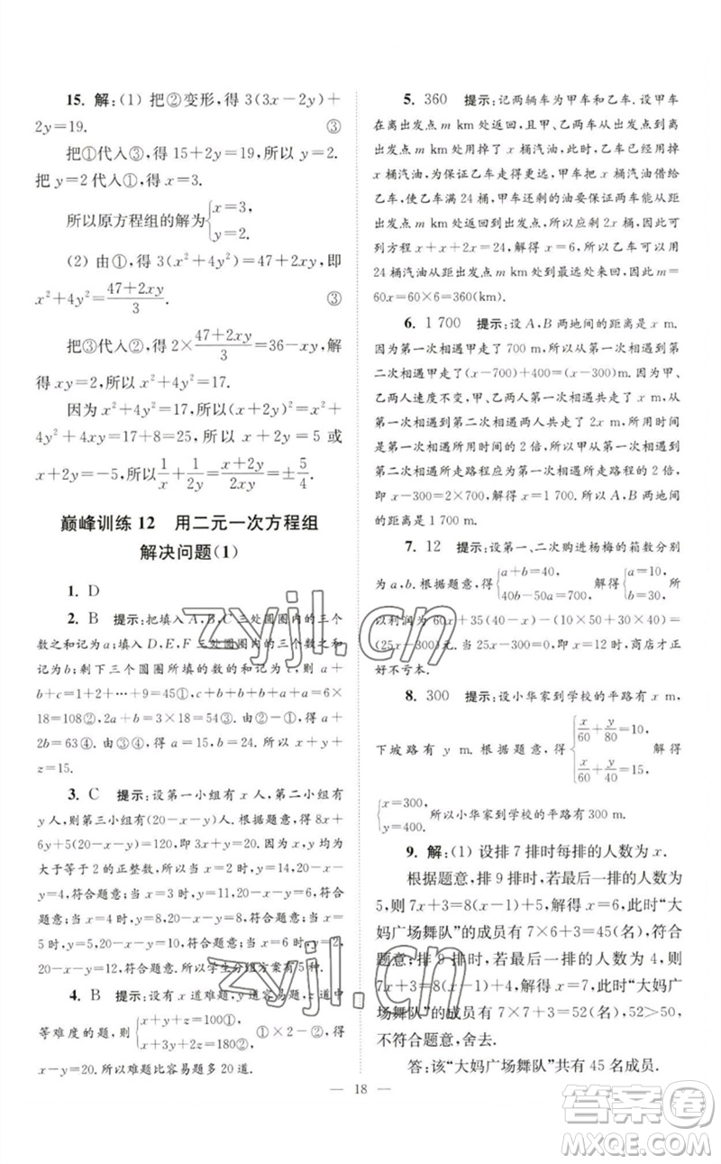 江蘇鳳凰科學(xué)技術(shù)出版社2023初中數(shù)學(xué)小題狂做七年級(jí)下冊(cè)蘇科版巔峰版參考答案