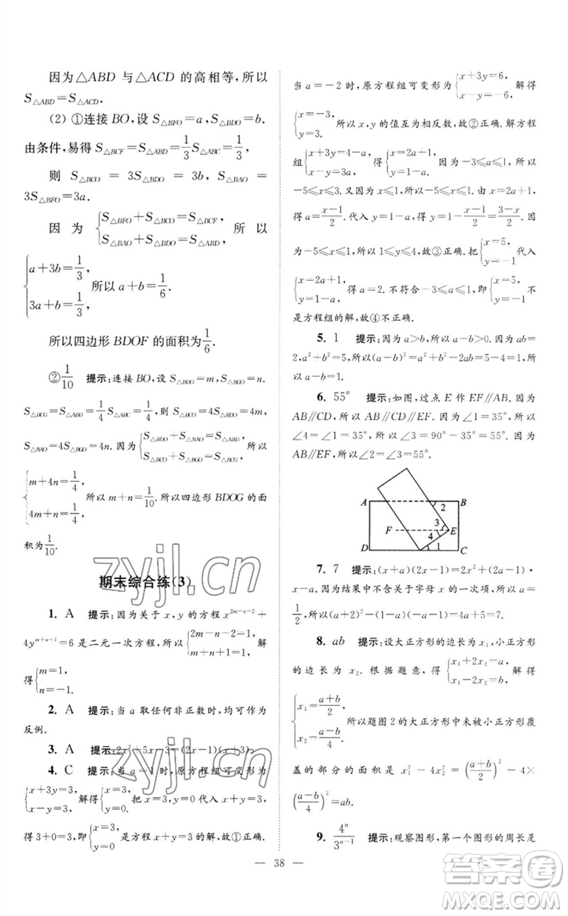 江蘇鳳凰科學(xué)技術(shù)出版社2023初中數(shù)學(xué)小題狂做七年級(jí)下冊(cè)蘇科版巔峰版參考答案