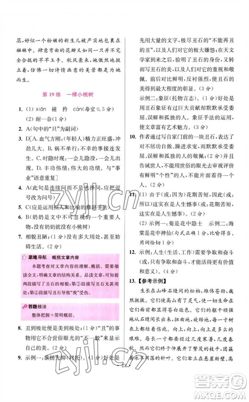 江蘇鳳凰科學技術出版社2023初中語文小題狂做七年級下冊人教版提優(yōu)版參考答案