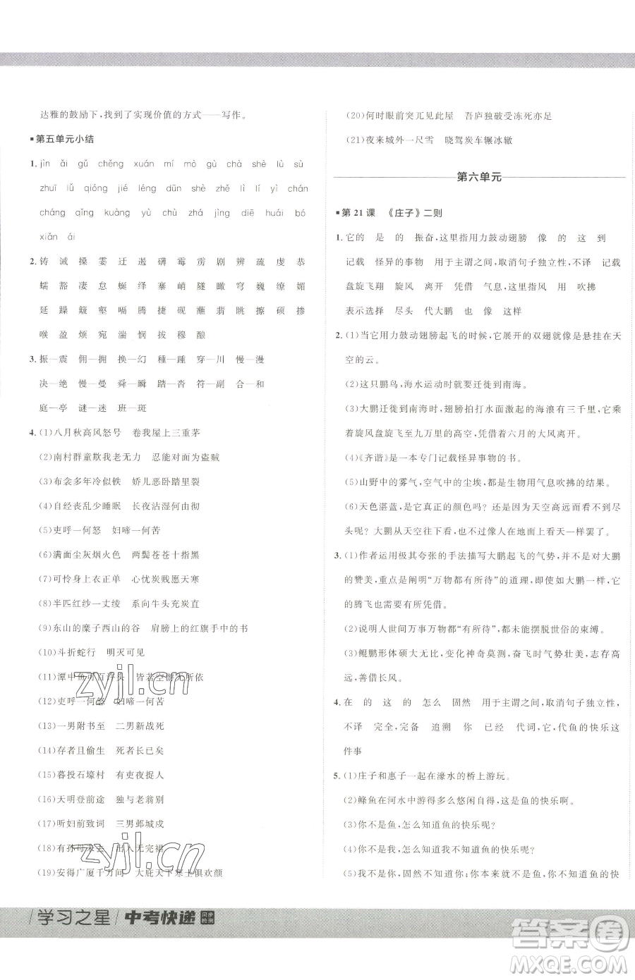 延邊大學出版社2023中考快遞同步檢測八年級下冊語文人教版大連專版參考答案