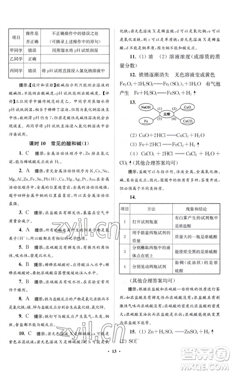 江蘇鳳凰科學(xué)技術(shù)出版社2023初中化學(xué)小題狂做九年級下冊滬教版提優(yōu)版參考答案