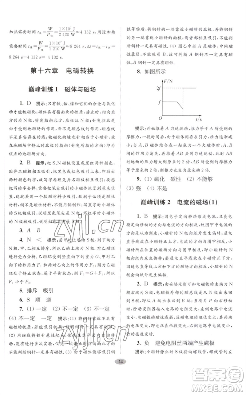 江蘇鳳凰科學(xué)技術(shù)出版社2023初中物理小題狂做九年級(jí)下冊(cè)蘇科版巔峰版參考答案