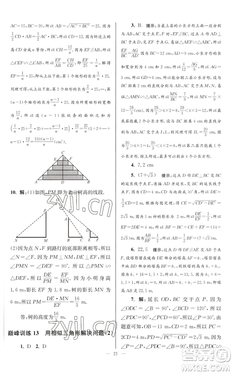 江蘇鳳凰科學(xué)技術(shù)出版社2023初中數(shù)學(xué)小題狂做九年級(jí)下冊(cè)蘇科版巔峰版參考答案