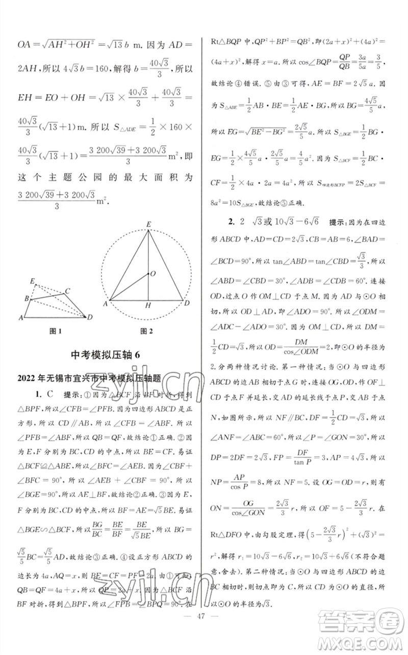 江蘇鳳凰科學(xué)技術(shù)出版社2023初中數(shù)學(xué)小題狂做九年級(jí)下冊(cè)蘇科版巔峰版參考答案