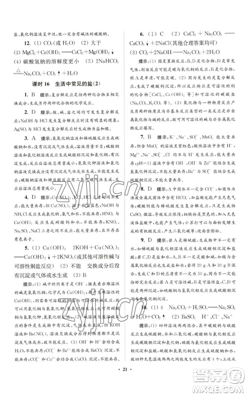 江蘇鳳凰科學(xué)技術(shù)出版社2023初中化學(xué)小題狂做九年級下冊人教版提優(yōu)版參考答案