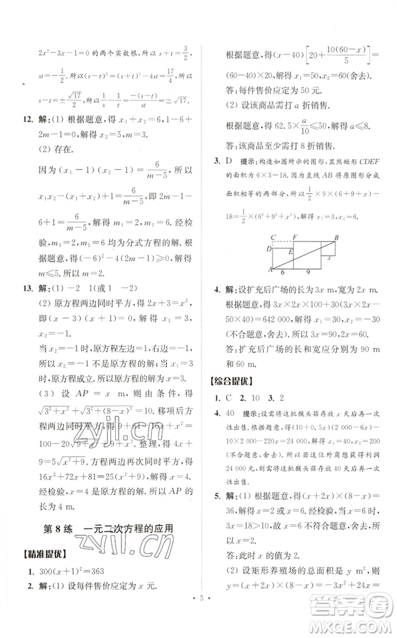 江蘇鳳凰科學技術(shù)出版社2023中考數(shù)學小題狂做九年級人教版提優(yōu)版參考答案