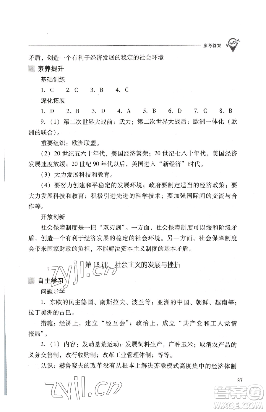 山西教育出版社2023新課程問題解決導(dǎo)學(xué)方案九年級下冊世界歷史人教版參考答案