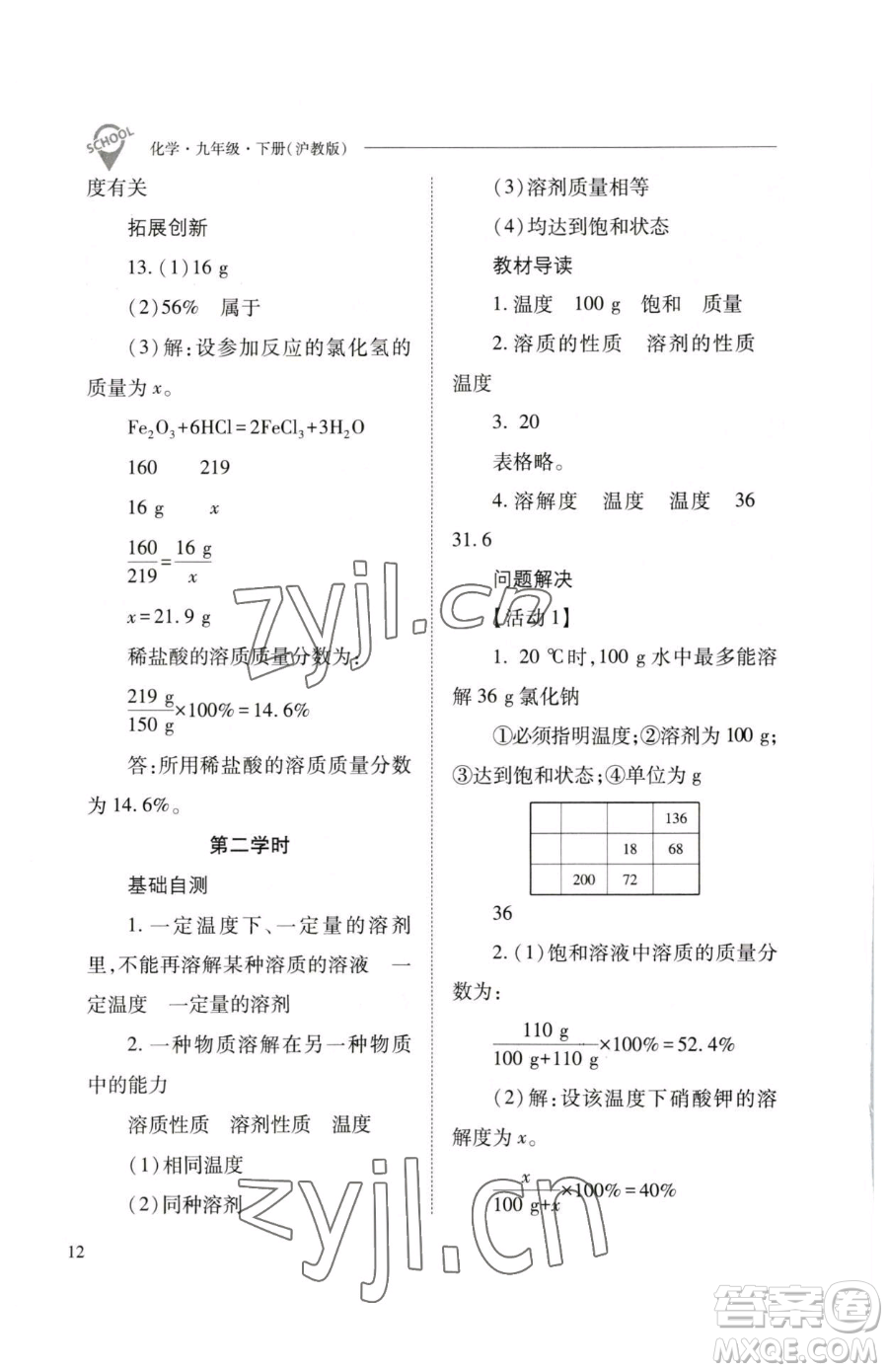 山西教育出版社2023新課程問題解決導學方案九年級下冊化學滬教版參考答案