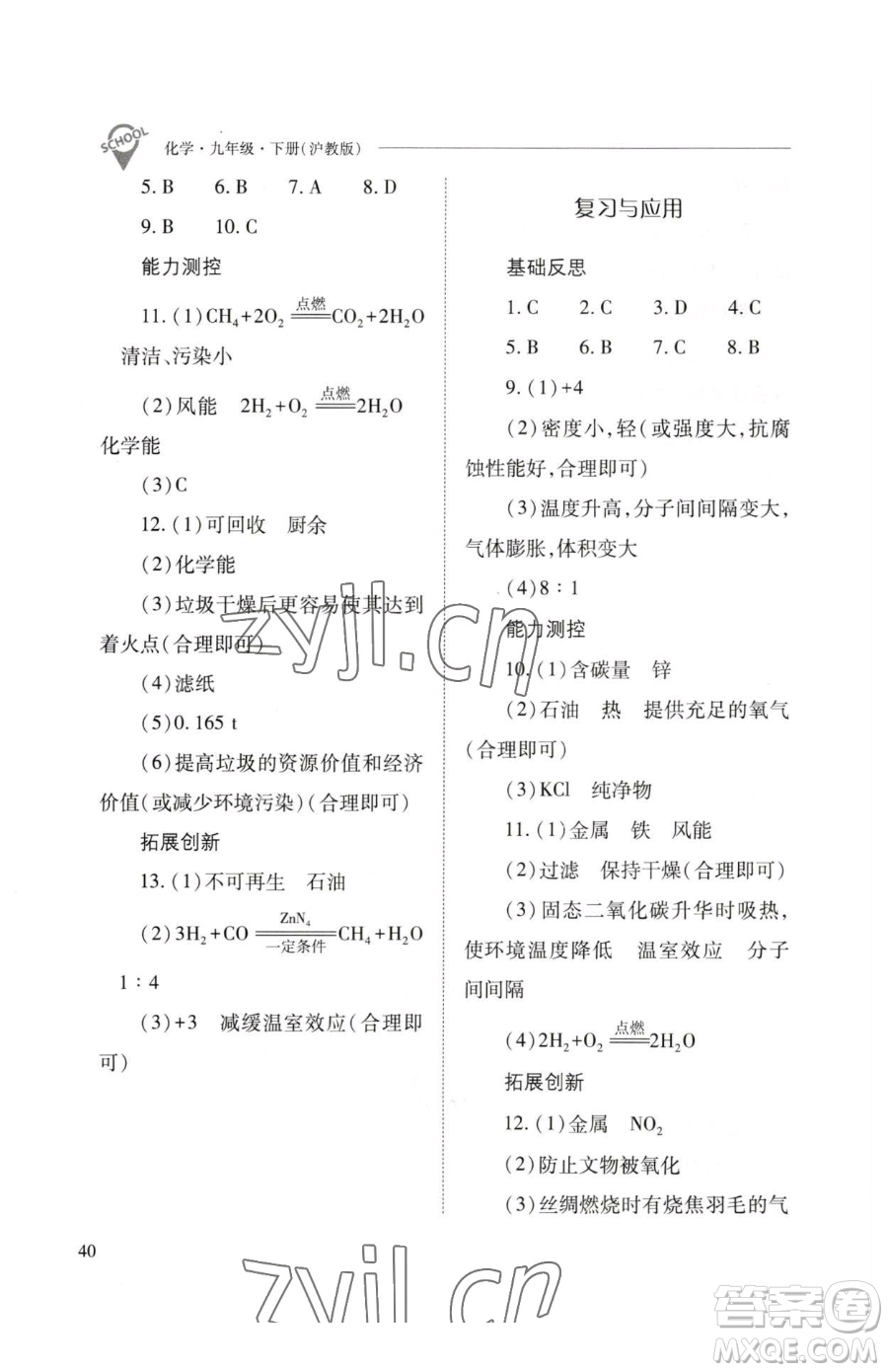 山西教育出版社2023新課程問題解決導學方案九年級下冊化學滬教版參考答案