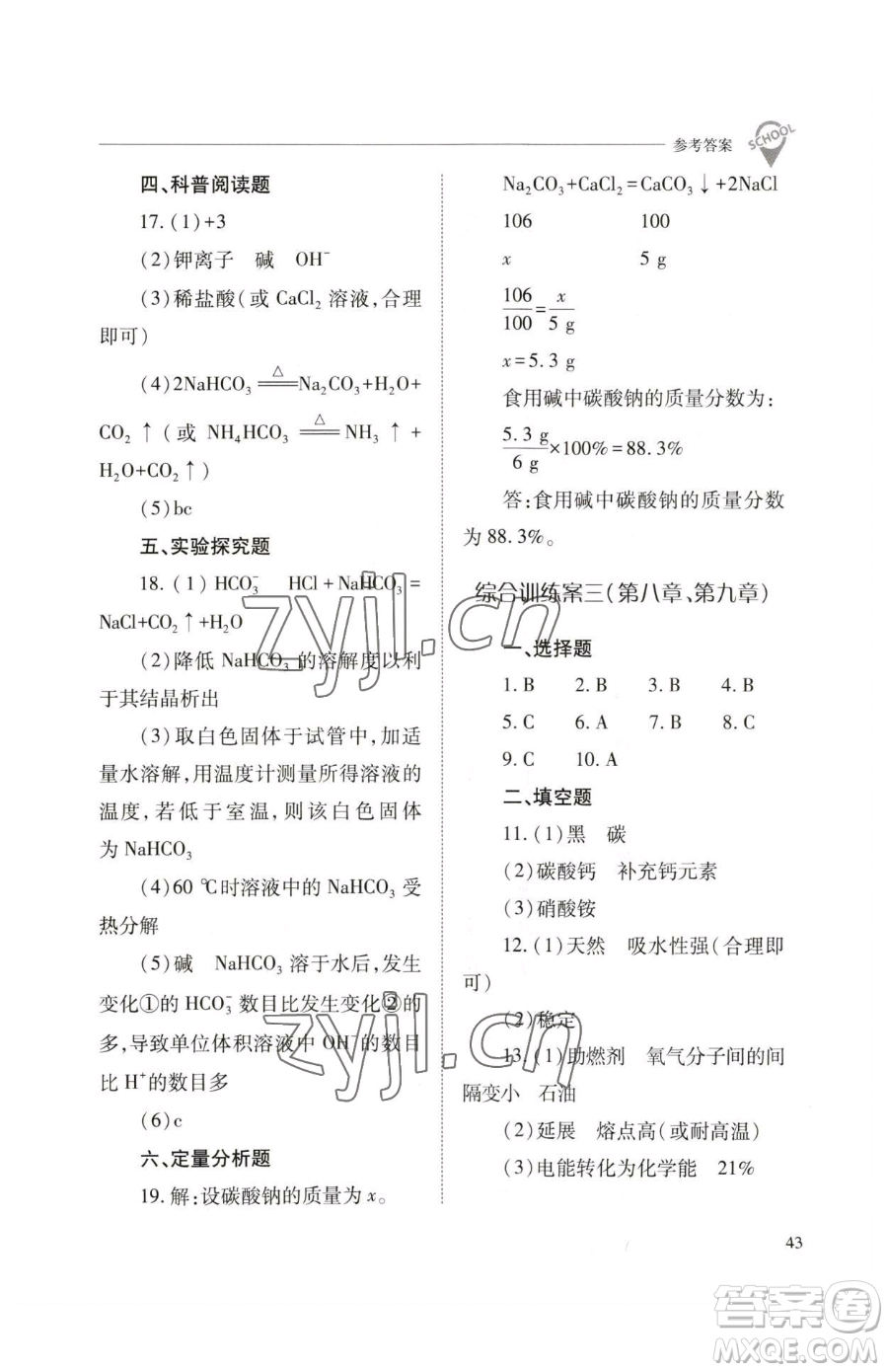 山西教育出版社2023新課程問題解決導學方案九年級下冊化學滬教版參考答案