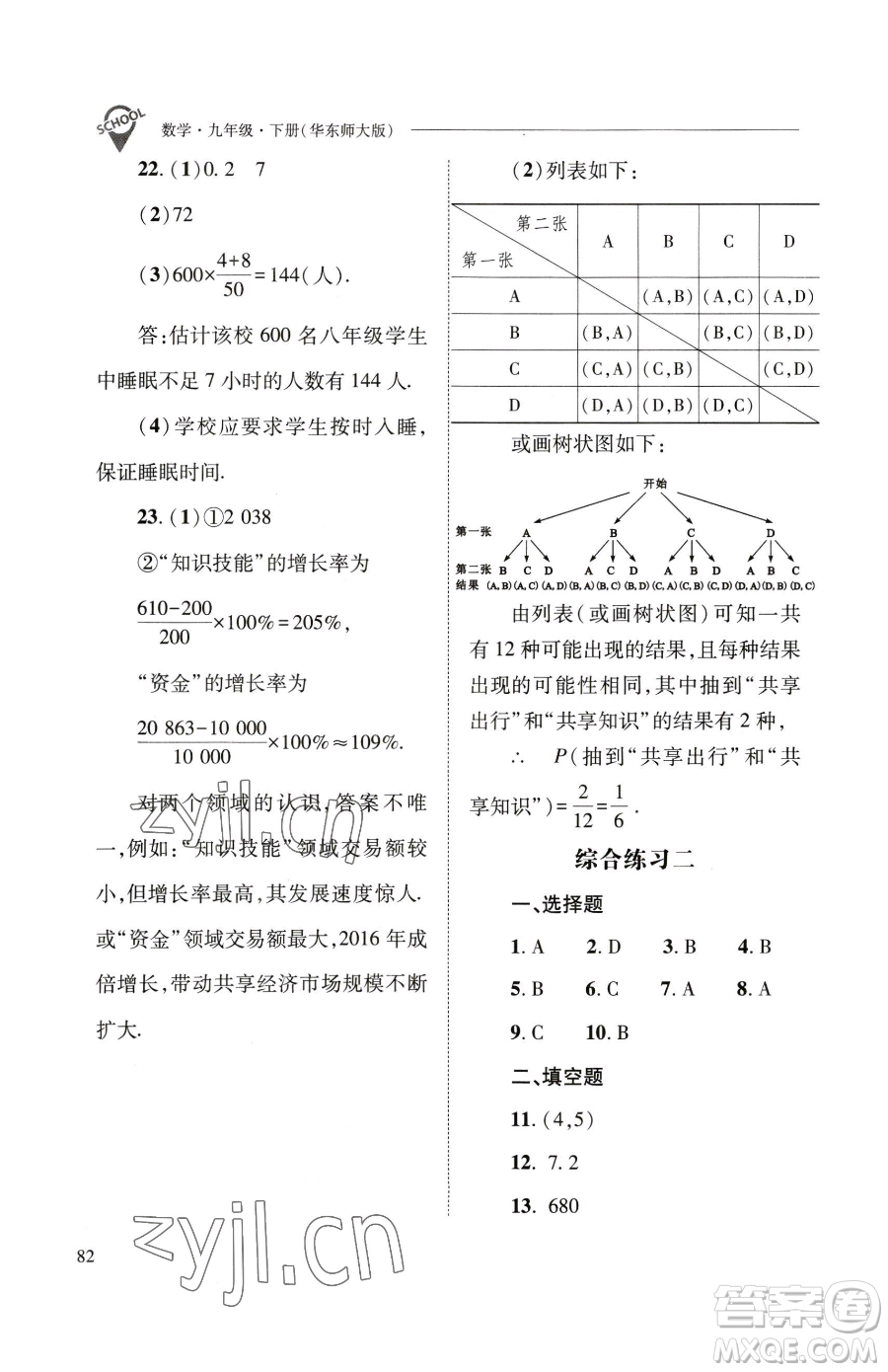 山西教育出版社2023新課程問(wèn)題解決導(dǎo)學(xué)方案九年級(jí)下冊(cè)數(shù)學(xué)華東師大版參考答案