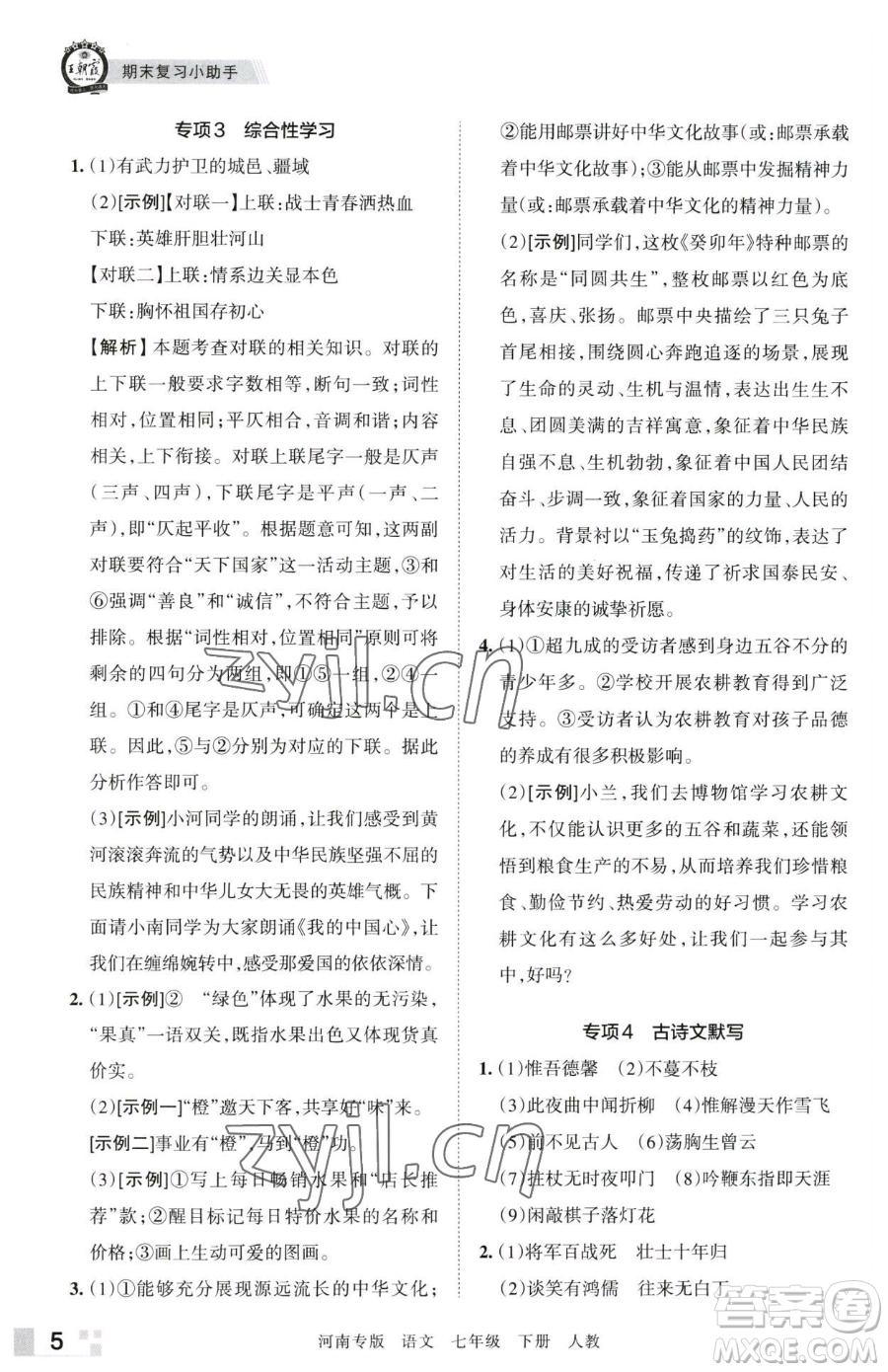 江西人民出版社2023王朝霞各地期末試卷精選七年級下冊語文人教版河南專版參考答案