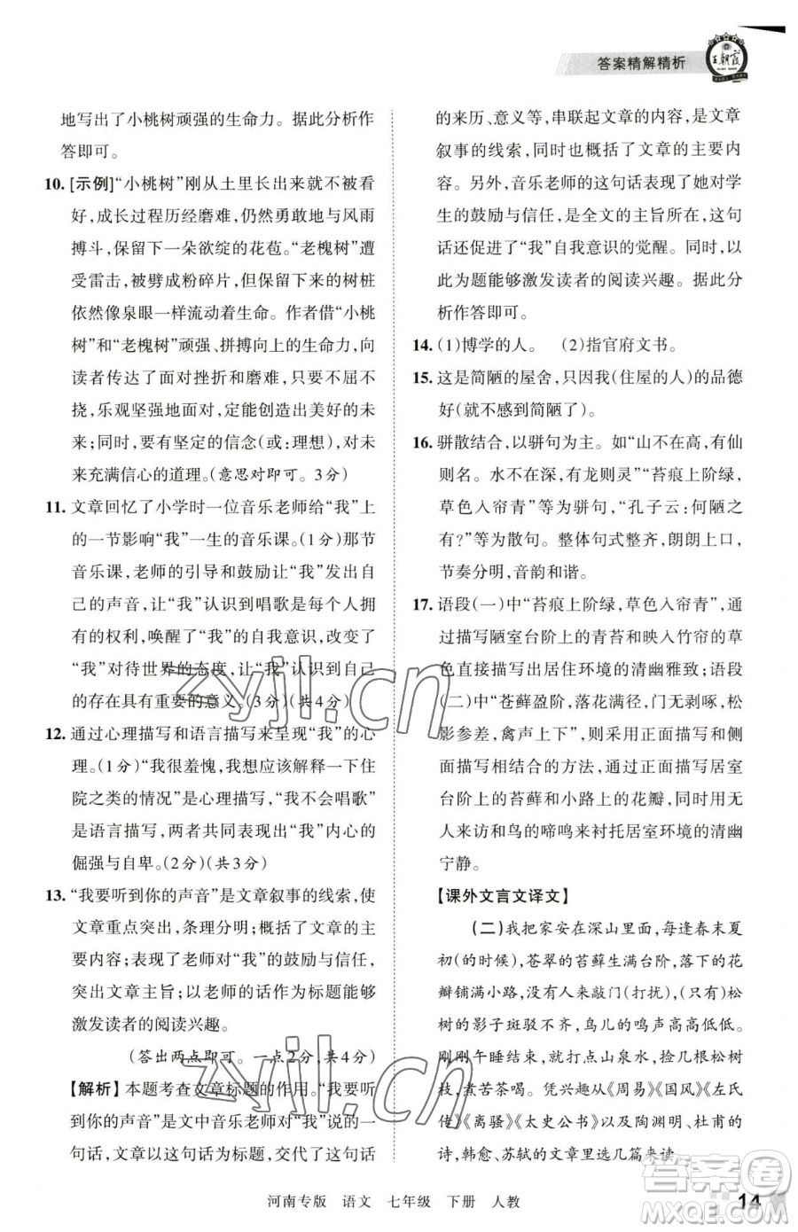 江西人民出版社2023王朝霞各地期末試卷精選七年級下冊語文人教版河南專版參考答案