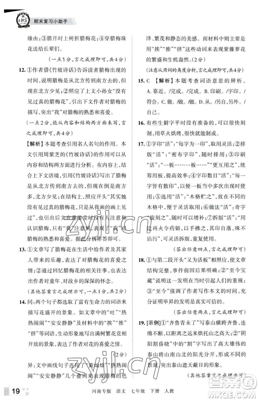 江西人民出版社2023王朝霞各地期末試卷精選七年級下冊語文人教版河南專版參考答案