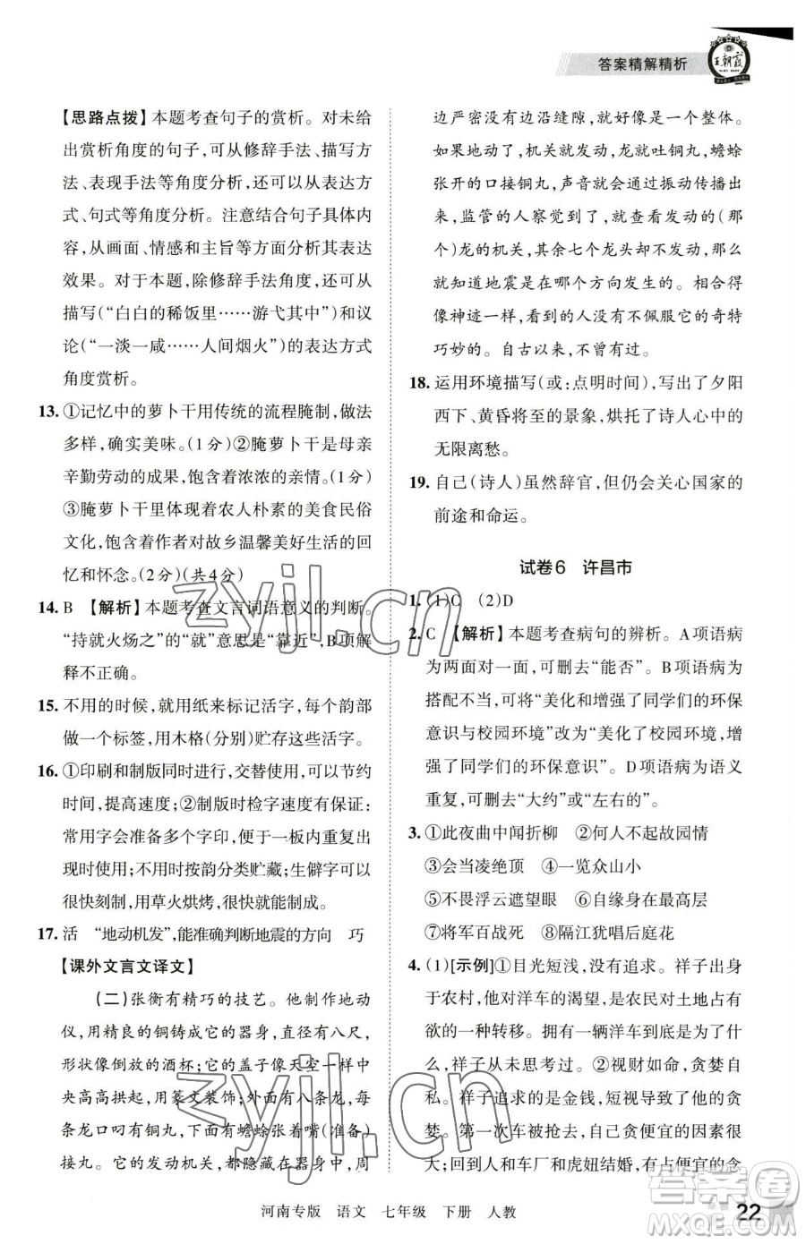 江西人民出版社2023王朝霞各地期末試卷精選七年級下冊語文人教版河南專版參考答案