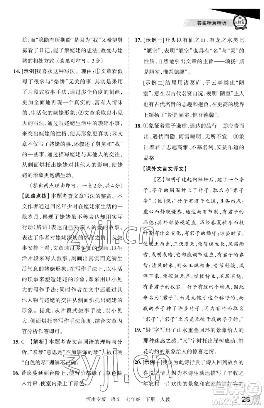 江西人民出版社2023王朝霞各地期末試卷精選七年級下冊語文人教版河南專版參考答案