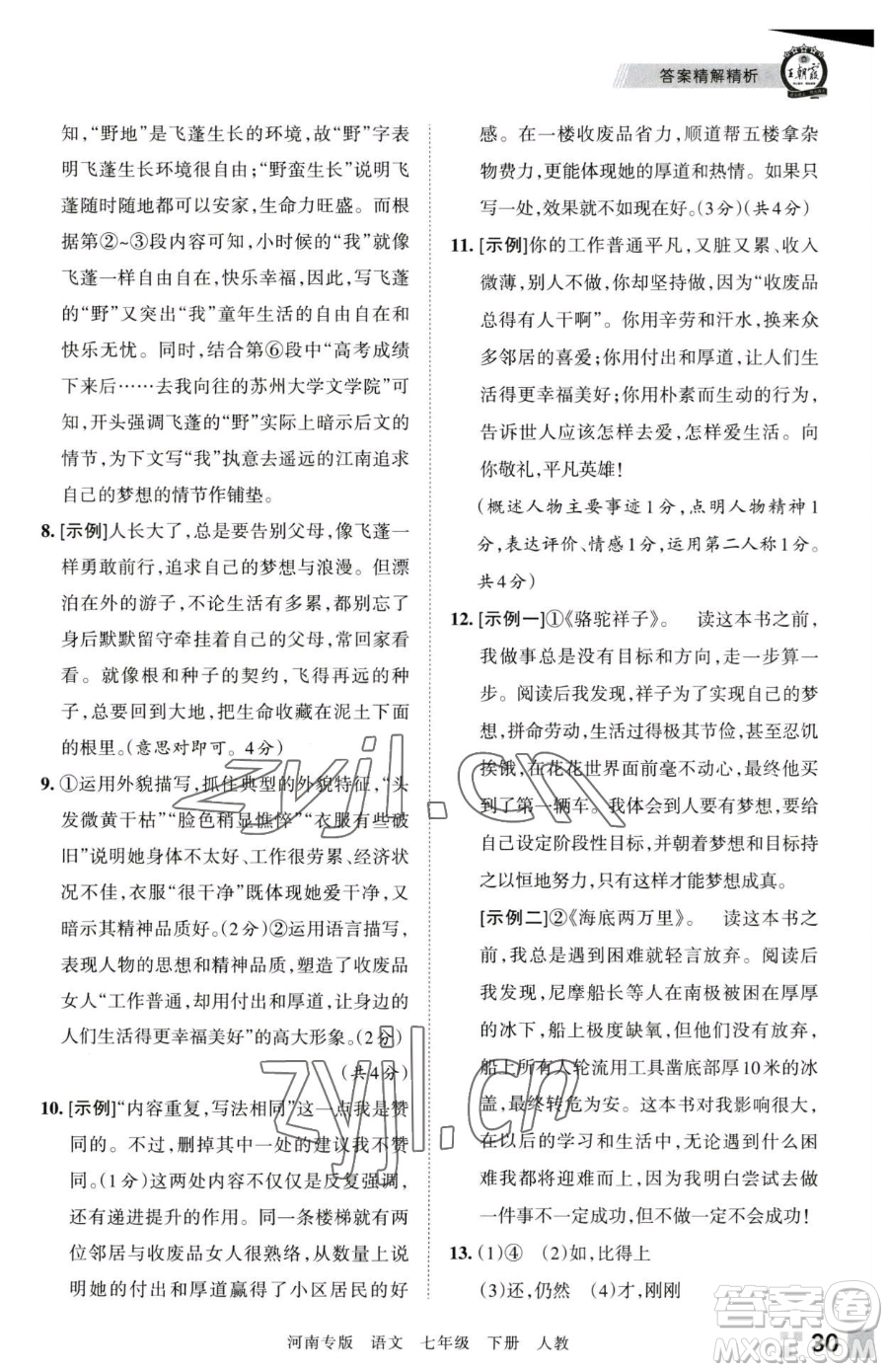 江西人民出版社2023王朝霞各地期末試卷精選七年級下冊語文人教版河南專版參考答案