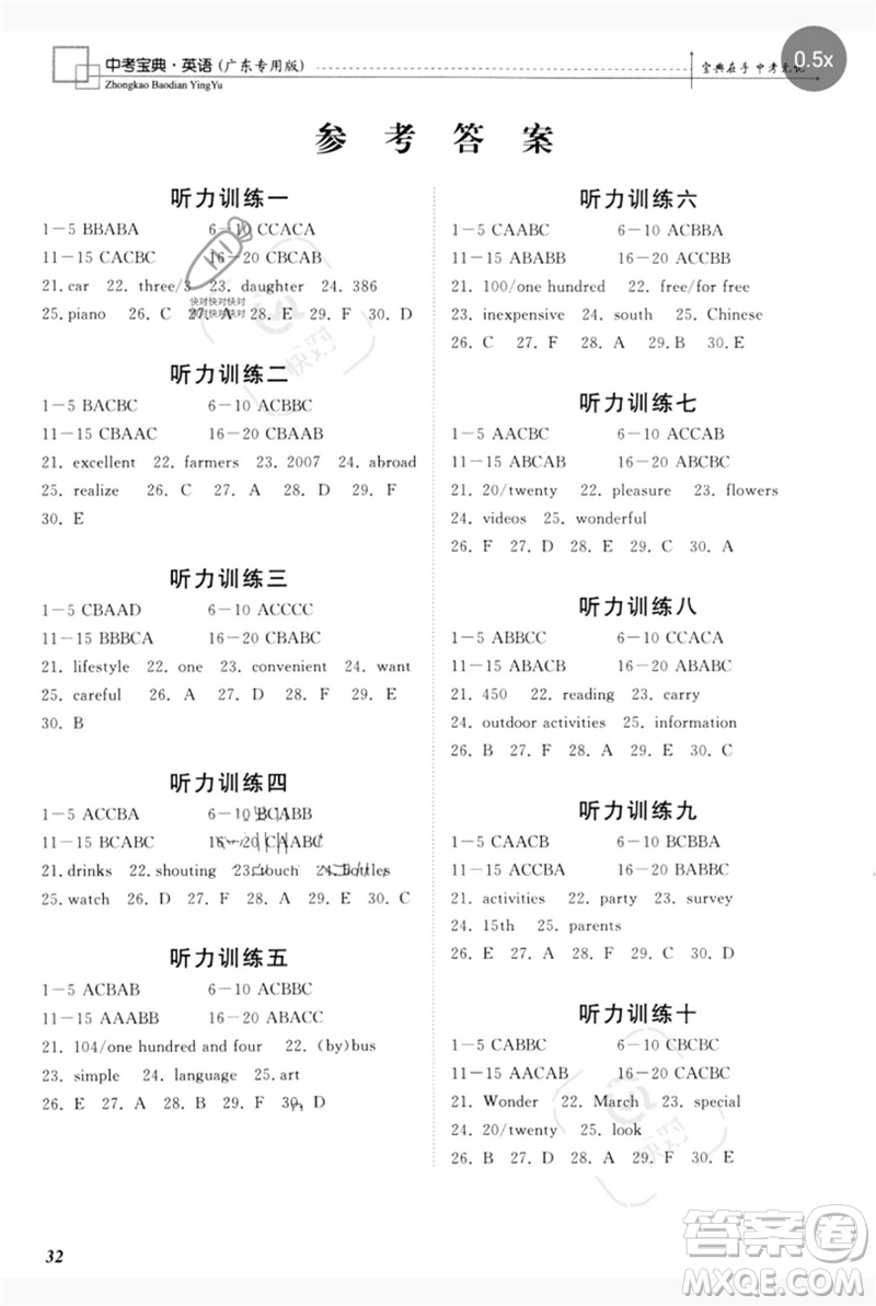 世界圖書(shū)出版公司2023新課標(biāo)中考寶典九年級(jí)英語(yǔ)通用版廣東專(zhuān)版參考答案