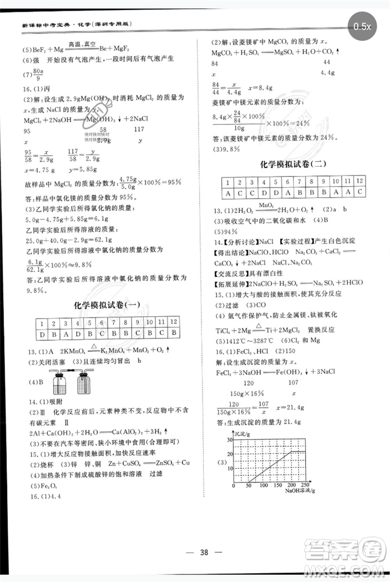 世界圖書出版公司2023新課標中考寶典九年級化學通用版深圳專版參考答案