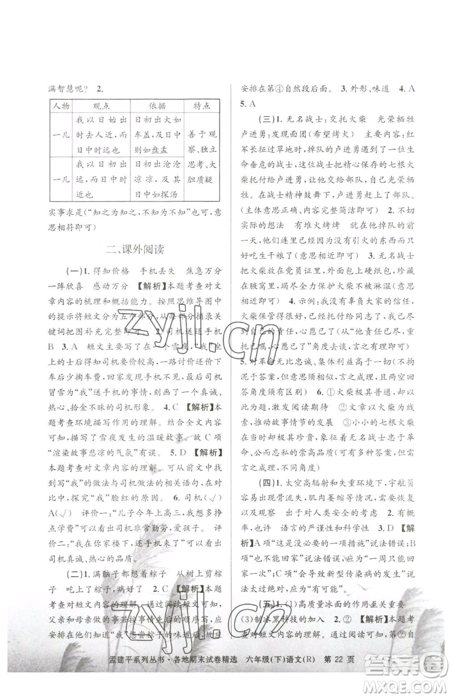 浙江工商大學(xué)出版社2023孟建平各地期末試卷精選六年級下冊語文人教版參考答案