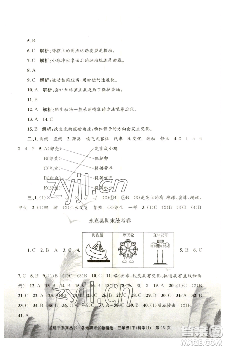 浙江工商大學(xué)出版社2023孟建平各地期末試卷精選三年級(jí)下冊科學(xué)教科版臺(tái)州專版參考答案