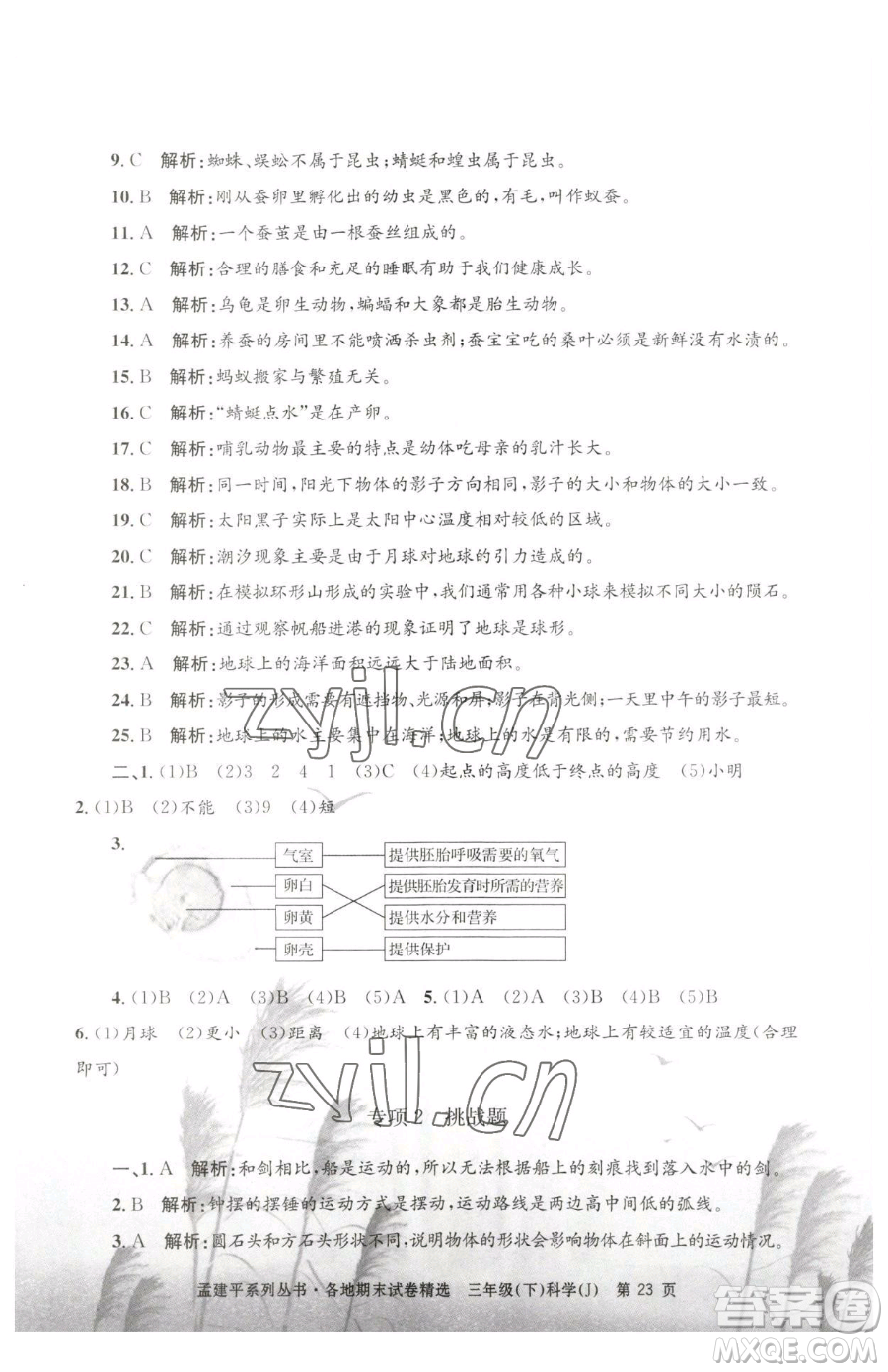 浙江工商大學(xué)出版社2023孟建平各地期末試卷精選三年級(jí)下冊科學(xué)教科版臺(tái)州專版參考答案