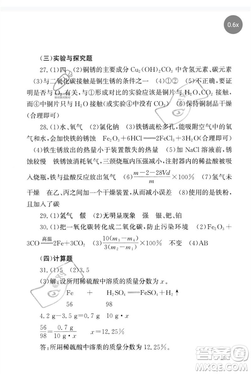 團(tuán)結(jié)出版社2023劍指中考九年級(jí)化學(xué)通用版郴州專版參考答案