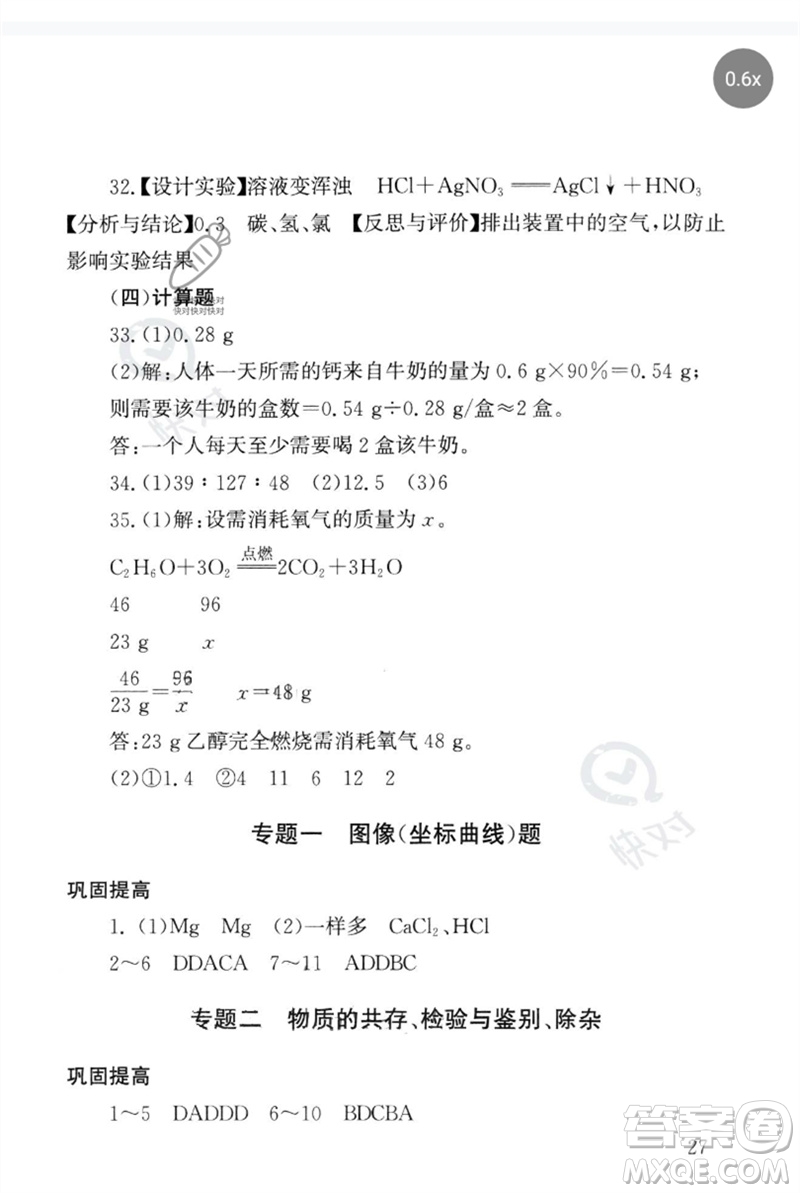 團(tuán)結(jié)出版社2023劍指中考九年級(jí)化學(xué)通用版郴州專版參考答案