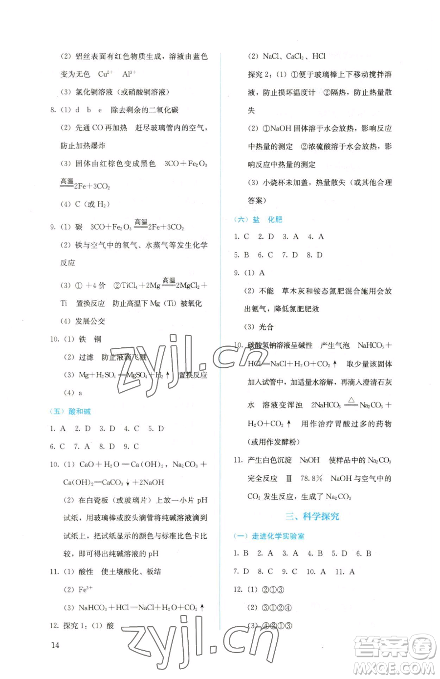 人民教育出版社2023人教金學(xué)典同步解析與測(cè)評(píng)九年級(jí)下冊(cè)化學(xué)人教版山西專(zhuān)用參考答案