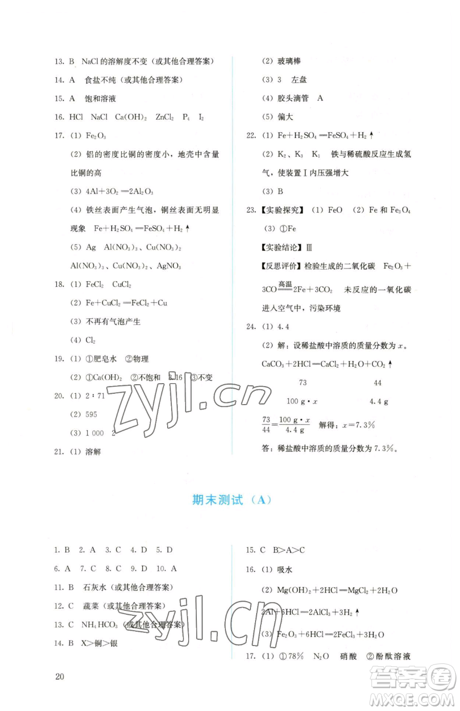 人民教育出版社2023人教金學(xué)典同步解析與測(cè)評(píng)九年級(jí)下冊(cè)化學(xué)人教版山西專(zhuān)用參考答案