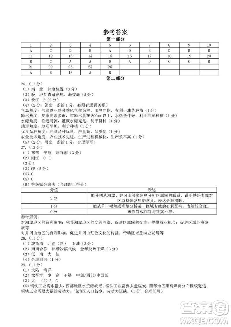 2023年北京市順義區(qū)中考二模地理試卷答案