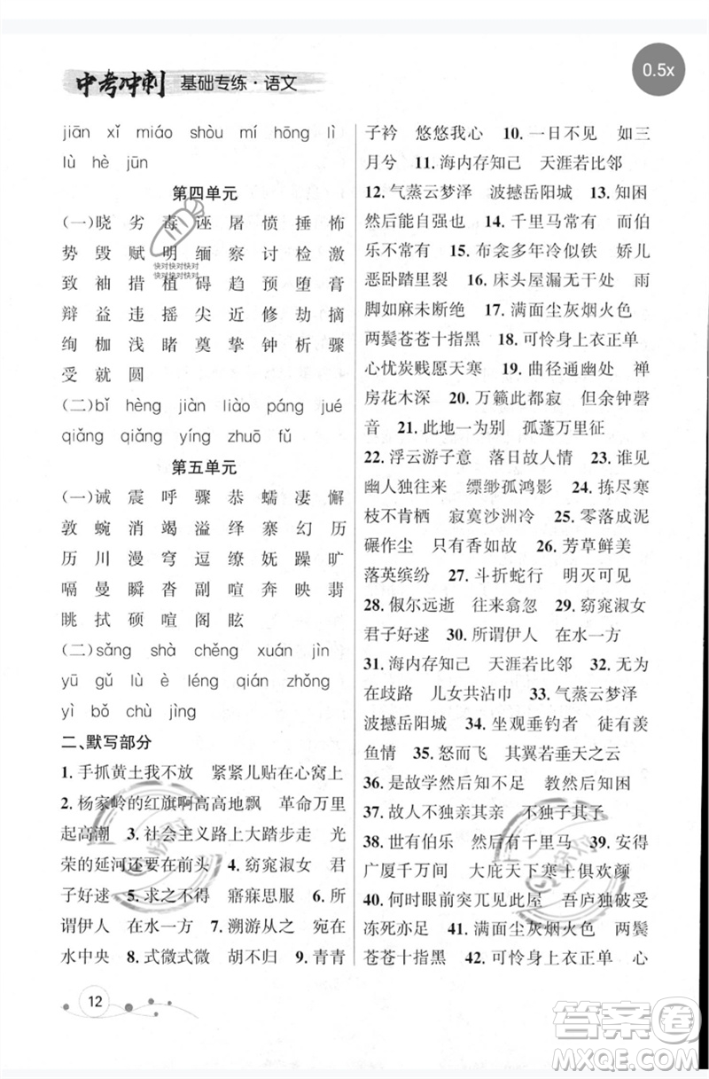 遼寧大學(xué)出版社2023年大連中考沖刺基礎(chǔ)專練九年級(jí)語文通用版參考答案