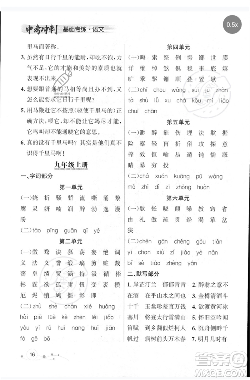 遼寧大學(xué)出版社2023年大連中考沖刺基礎(chǔ)專練九年級(jí)語文通用版參考答案