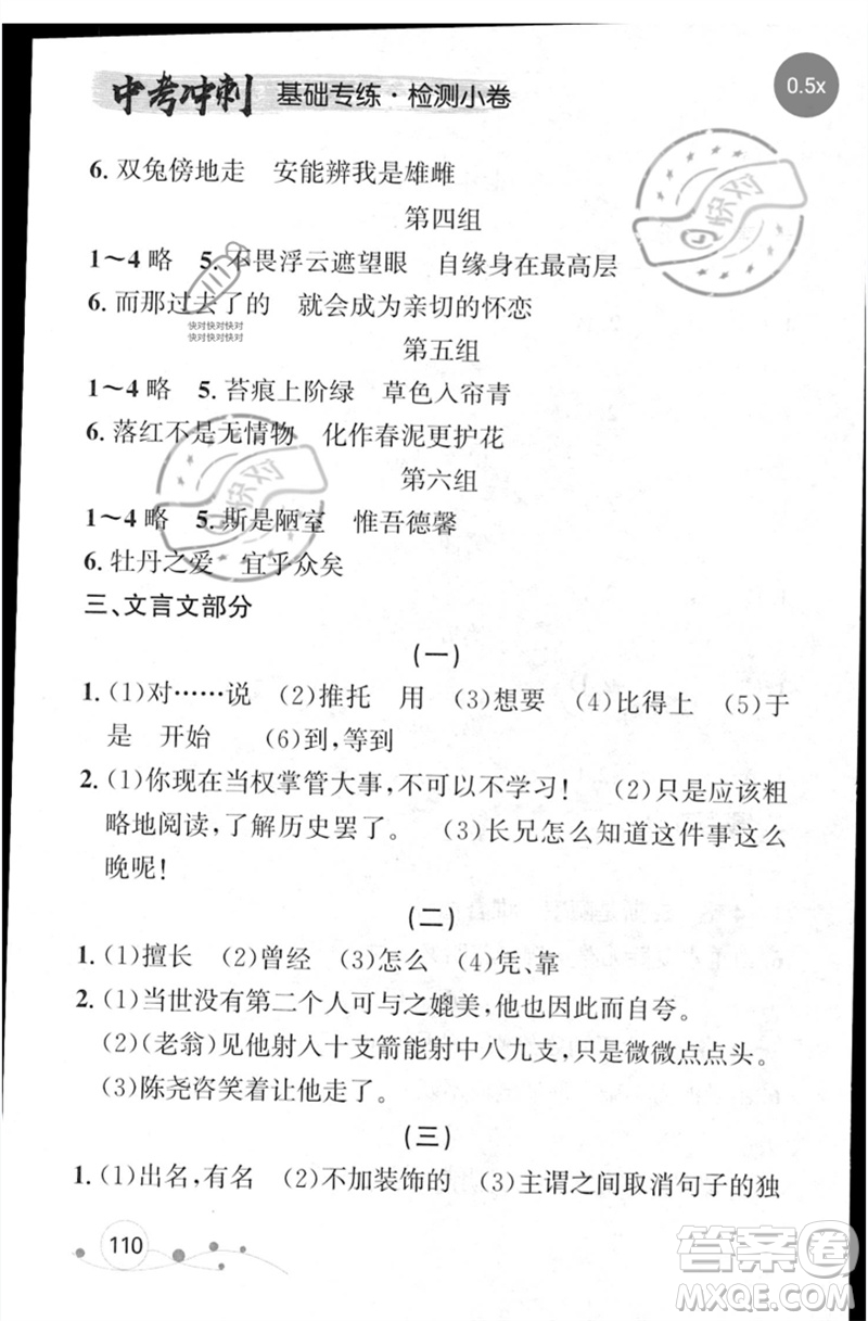 遼寧大學(xué)出版社2023年大連中考沖刺基礎(chǔ)專練九年級(jí)語文通用版參考答案