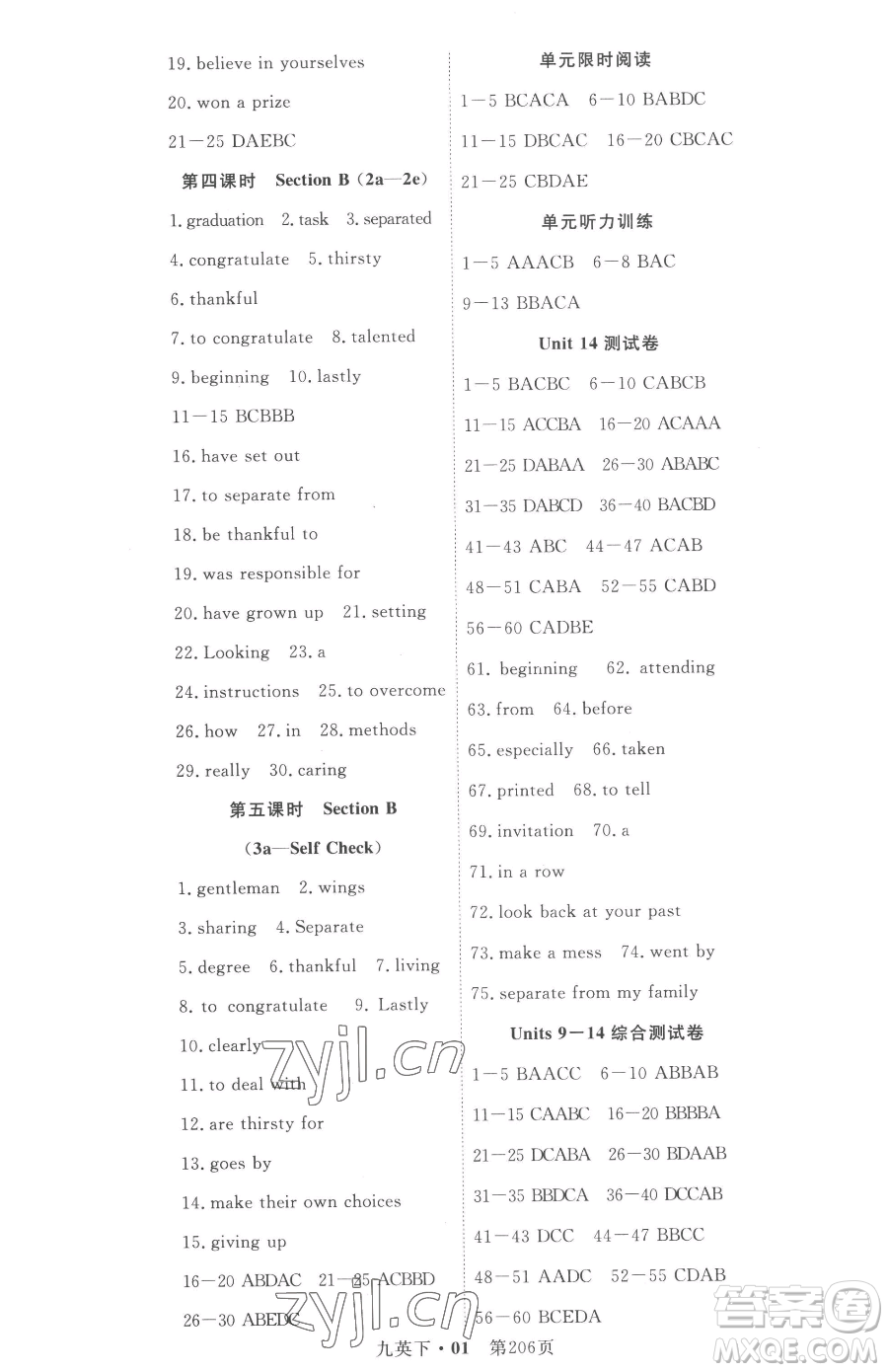 湖北科學技術出版社2023高效課堂導學案九年級下冊英語人教版參考答案