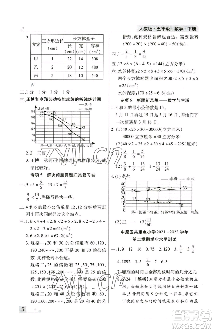 北方婦女兒童出版社2023期末考試必刷卷五年級下冊數(shù)學(xué)人教版鄭州專版參考答案