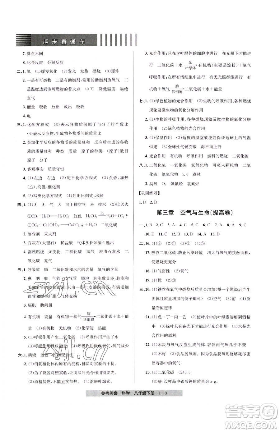 寧波出版社2023期末直通車八年級下冊科學(xué)浙教版參考答案