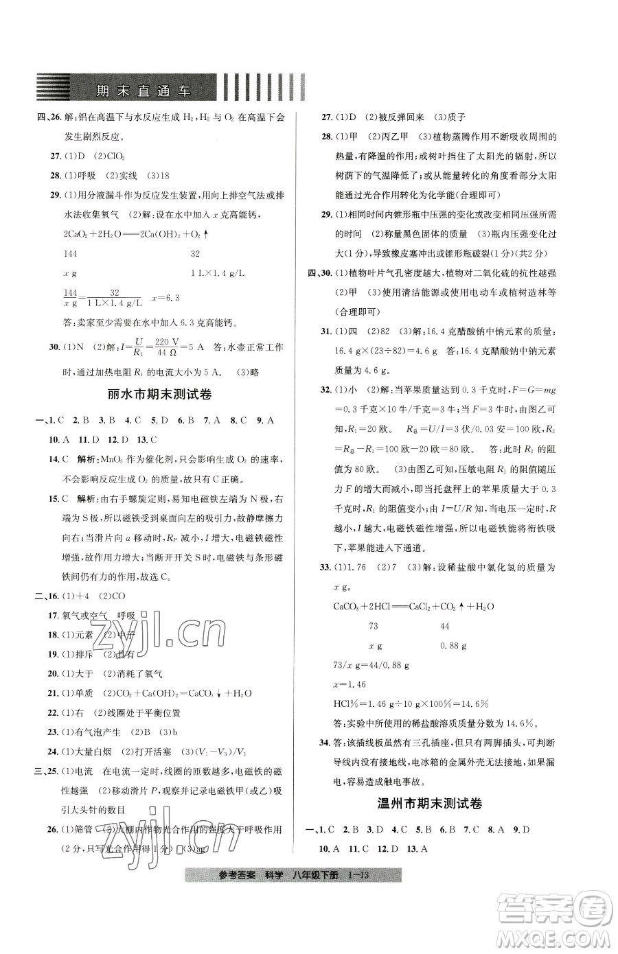 寧波出版社2023期末直通車八年級下冊科學(xué)浙教版參考答案