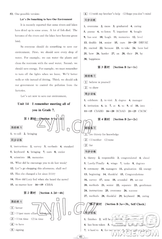 北京教育出版社2023教與學課程同步講練九年級全一冊英語人教版參考答案