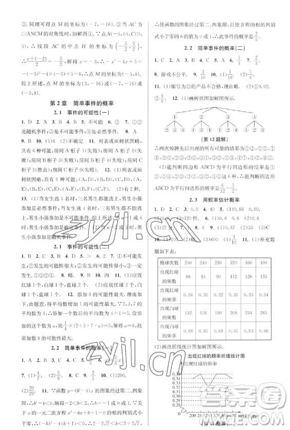 北京教育出版社2023教與學(xué)課程同步講練九年級全一冊數(shù)學(xué)浙教版參考答案