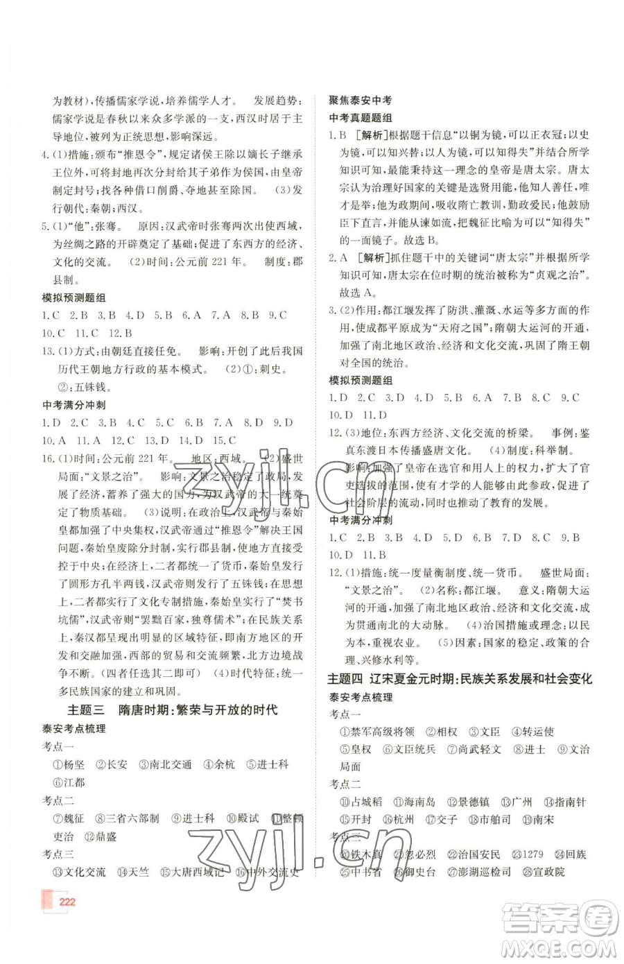 新疆青少年出版社2023升學(xué)錦囊九年級全一冊歷史泰安專版參考答案