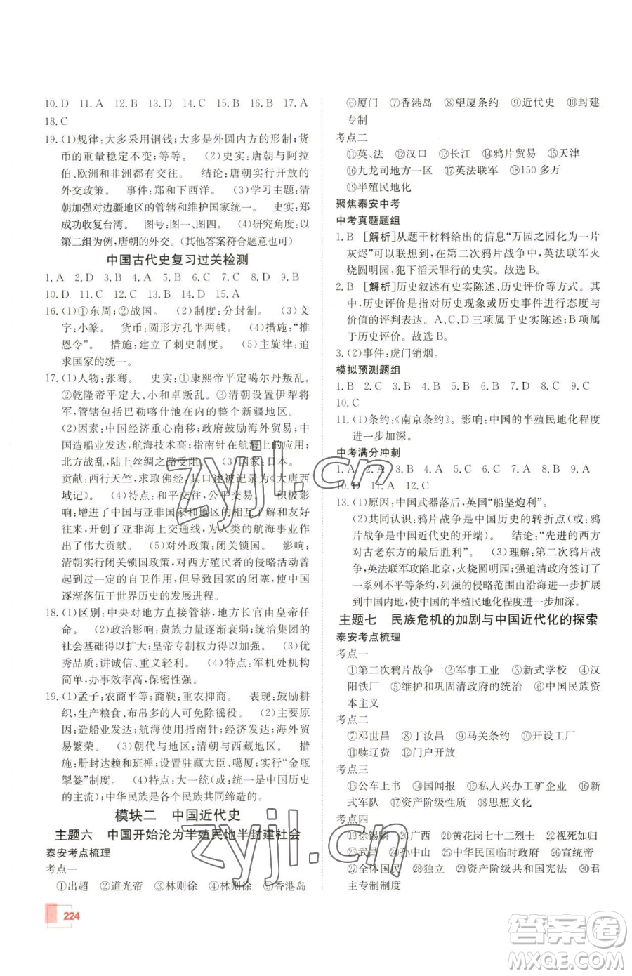 新疆青少年出版社2023升學(xué)錦囊九年級全一冊歷史泰安專版參考答案