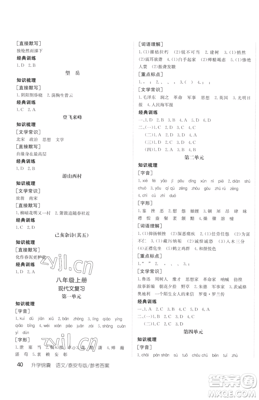 新疆青少年出版社2023升學錦囊九年級全一冊語文泰安專版參考答案