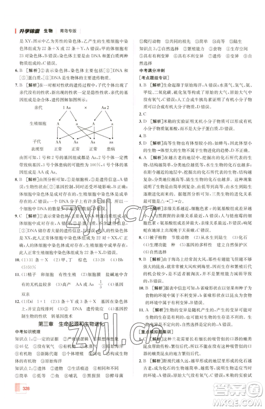 新疆青少年出版社2023升學錦囊九年級全一冊生物青島專版參考答案