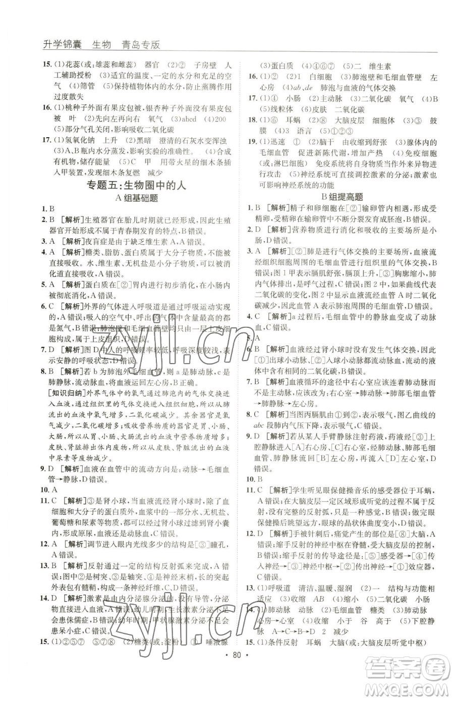 新疆青少年出版社2023升學錦囊九年級全一冊生物青島專版參考答案