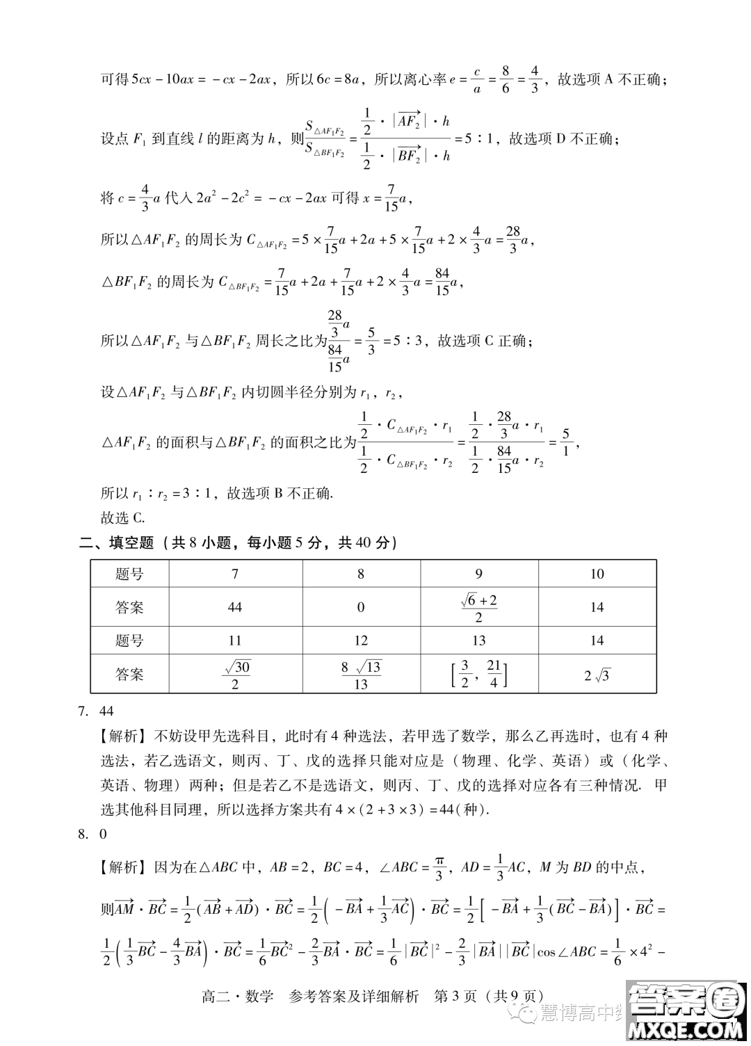 廣東汕尾2023年學(xué)科競(jìng)賽高二數(shù)學(xué)試題答案