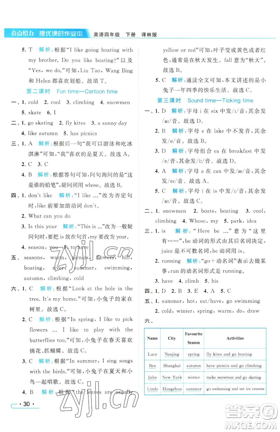 北京教育出版社2023亮點(diǎn)給力提優(yōu)課時作業(yè)本四年級下冊英語譯林版參考答案