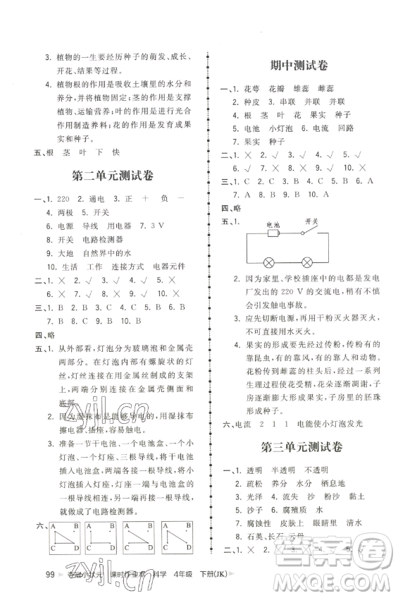 甘肅少年兒童出版社2023智慧翔奪冠小狀元課時(shí)作業(yè)本四年級(jí)下冊(cè)科學(xué)教科版參考答案