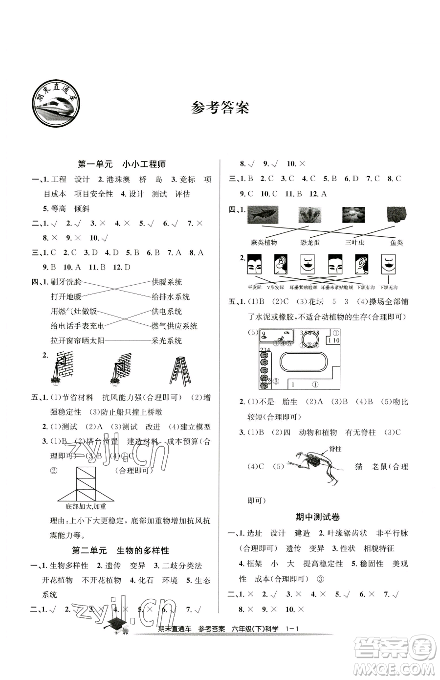 浙江工商大學(xué)出版社2023期末直通車六年級下冊科學(xué)教科版參考答案